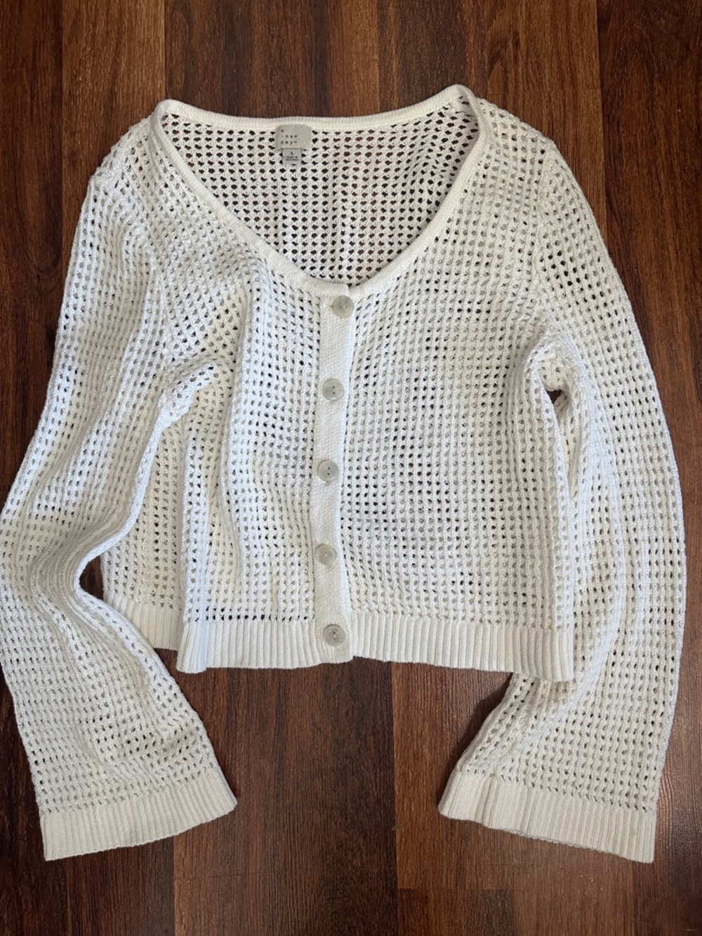 A New Day White Open-Weave Button Crochet Cardigan Sweater Boho Size L
